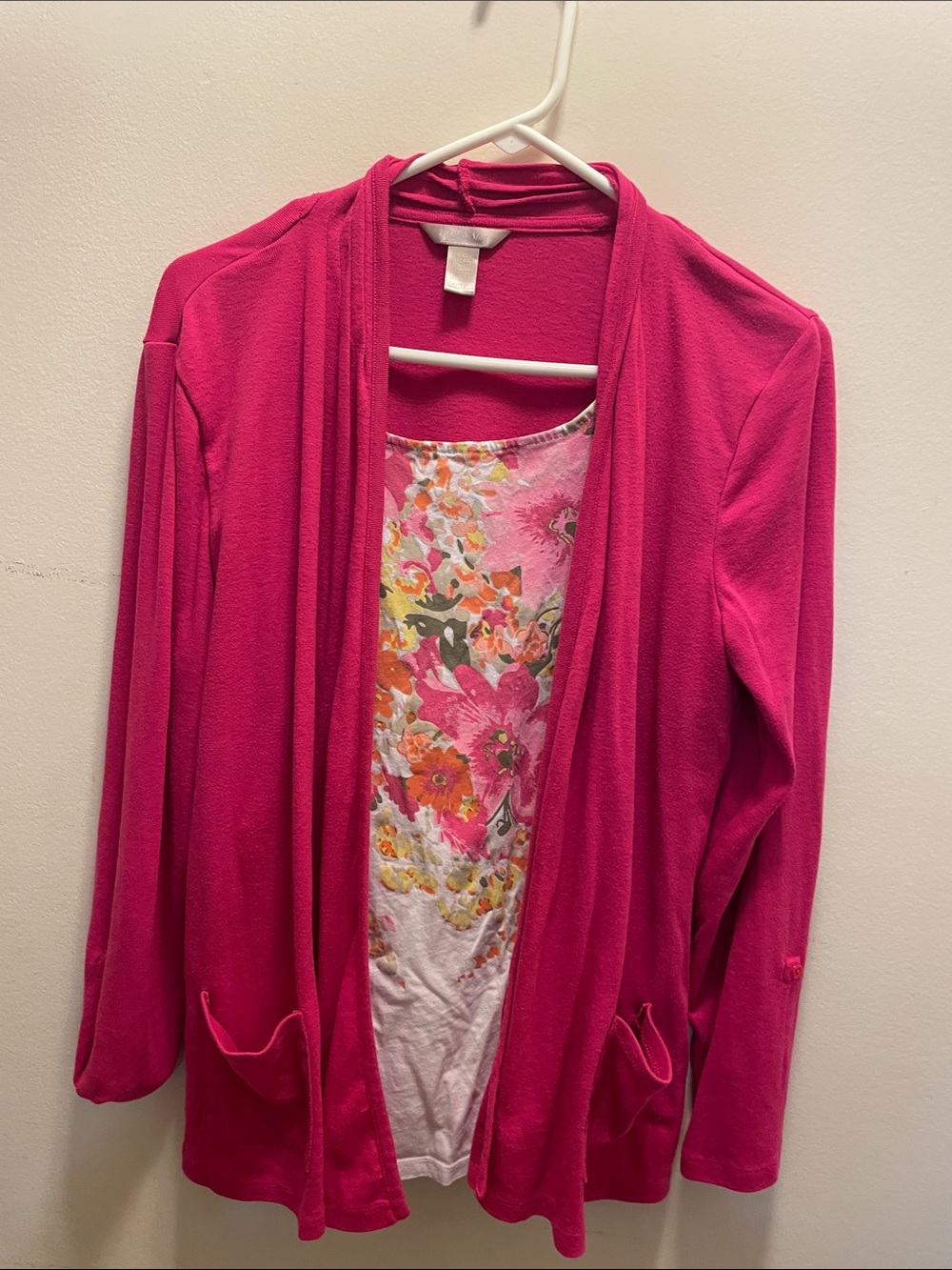 White Stag Hot Pink Open Front Cardigan with Floral Tank